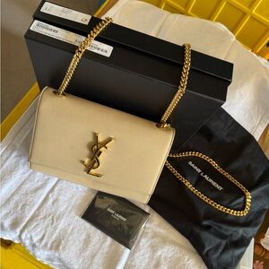 Saint Laurent YSL Kate Small Grain de poudre Embossed Leather beige handbag